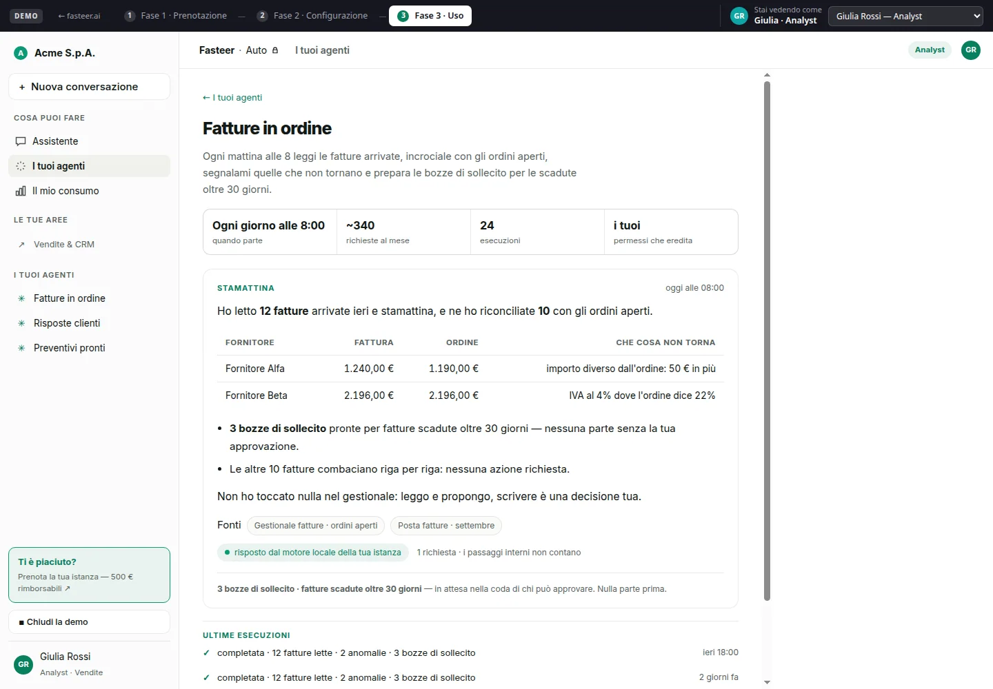 Screenshot demo simulato dell'agente Fasteer fatture in ordine per amministrazione