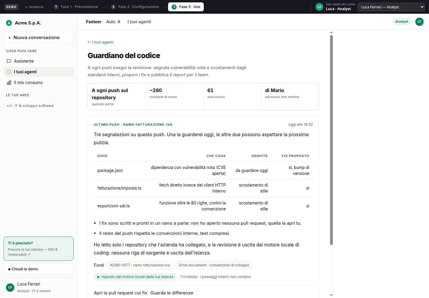 Screenshot demo simulato dell'agente Fasteer guardiano del codice per sviluppo / it