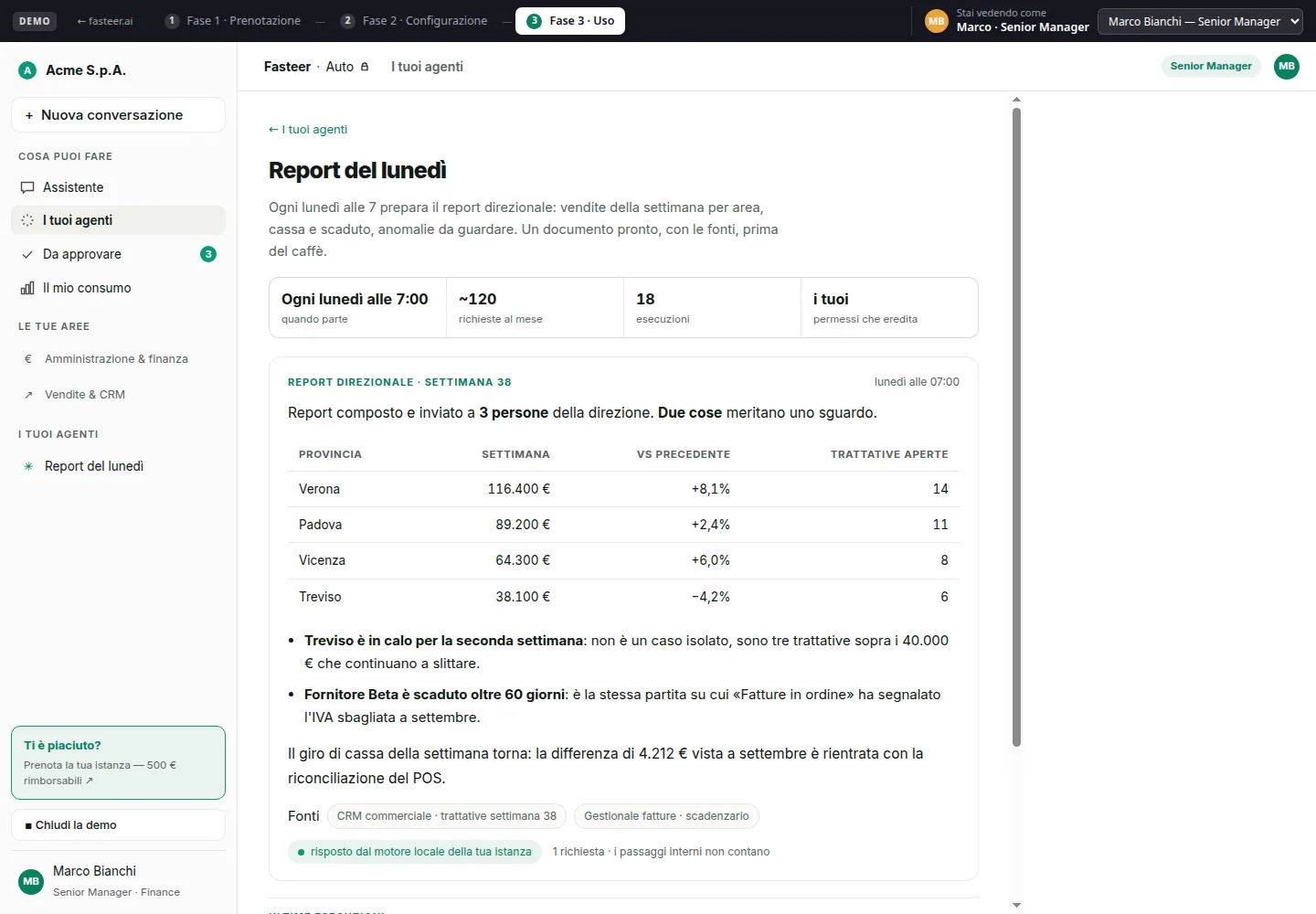 Screenshot demo simulato dell'agente Fasteer report del lunedì per direzione