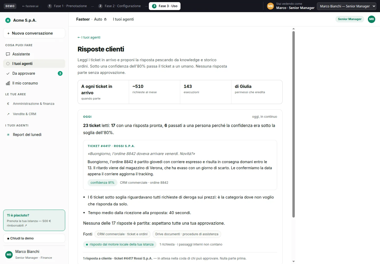 Screenshot demo simulato dell'agente Fasteer risposte clienti per customer care